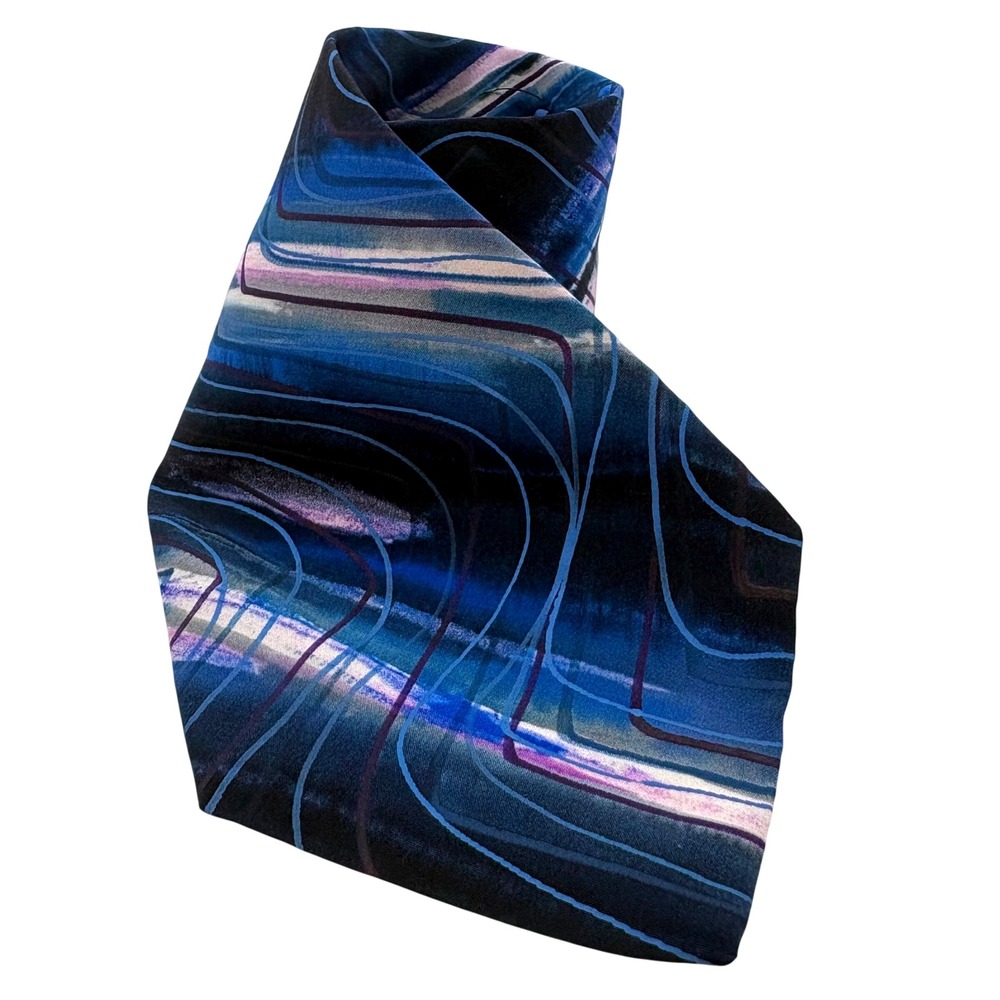 Vtg Robert Daskal Handpainted Silk Tie Blue Abstract Wave Signed Krept Sabala